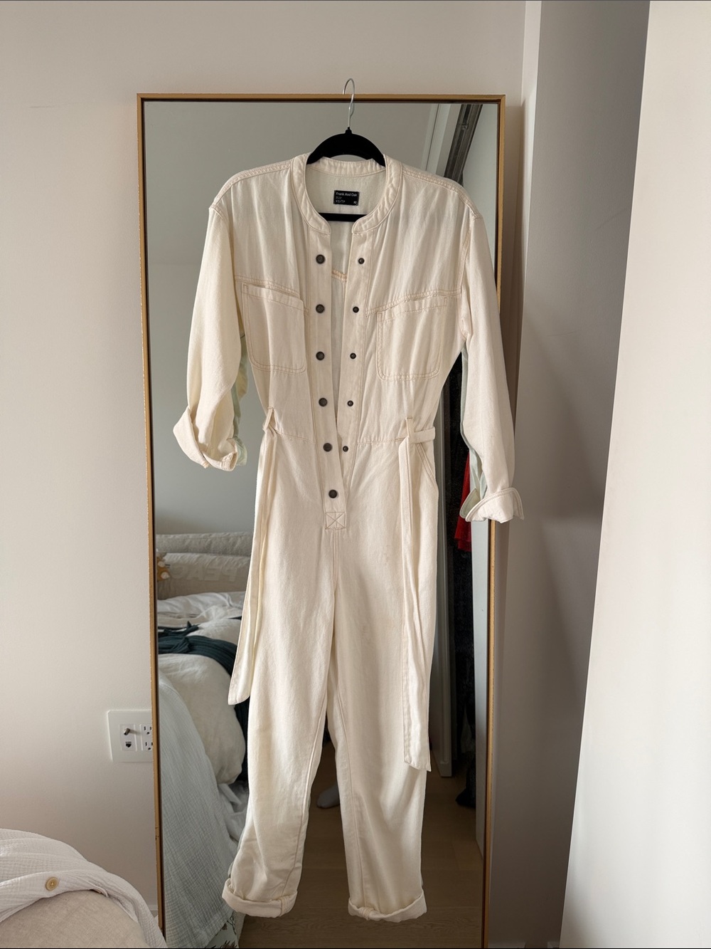 Frank & Oak Cream Utility Button-Front Jumpsuit